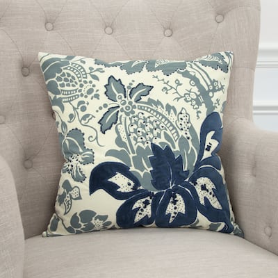 Rizzy Home Blue/White Cotton Floral-patterned Decorative Throw Pillow