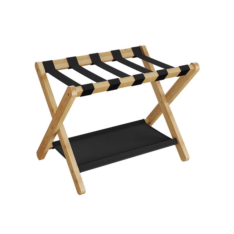 Wicker Luggage Rack with Nylon Support Straps and Storage Shelf Foldable Travel Suitcase Stand - Single - Beige