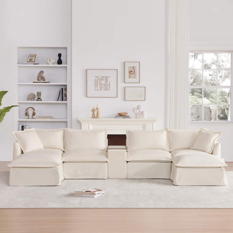 131" & 142" U-Shaped Modular Sectional Sofa - 6-Seat Chenille Couch with Ottoman, USB Charger, Cup Holder, Wide Seat, 2 Sizes