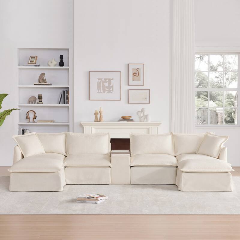 U Shaped Modular Sectional Sofa w/Ottoman, Console, Cup Holder, USB