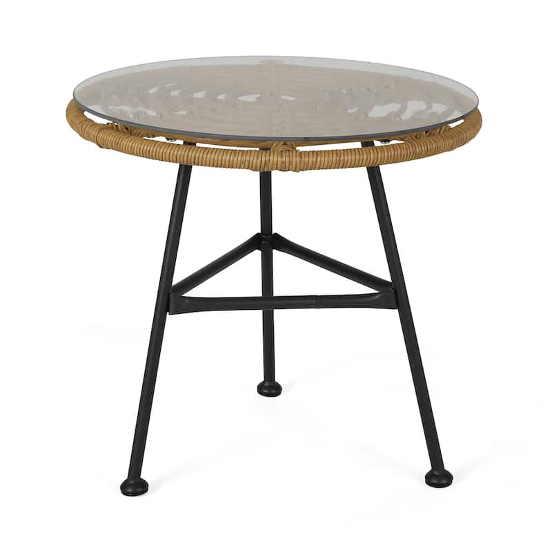 Roomfitters Round Outdoor Side Table, Accent End Table with Tempered Glass Top, Wicker Steel Frame, Patio End Table