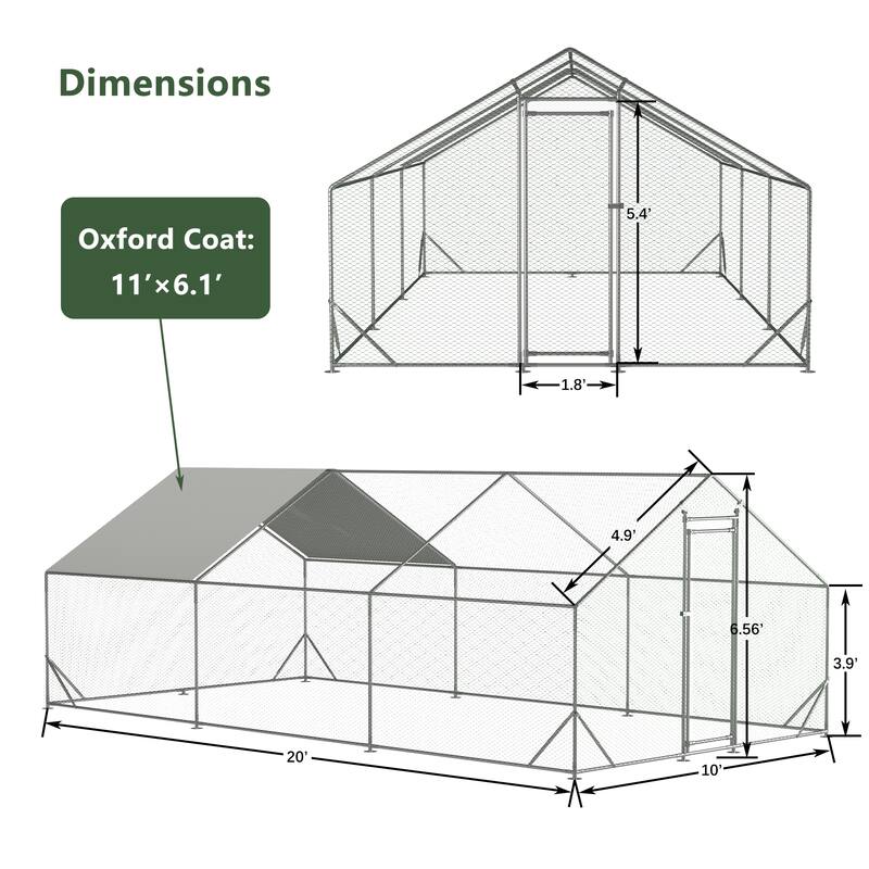GDFStudio - Harrison Large Walk-In Metal Chicken Coop with Secure Galvanized Wire Run - 10' L x 20' W x 6.56' H