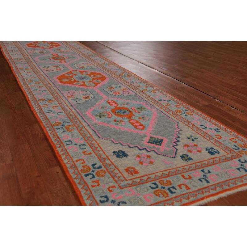 Hand Knotted Oriental 100% Wool Carpet Transitional Geometric Navy Blue & Blues Oushak Runner Rug - 14' 4'' X 3' 1''