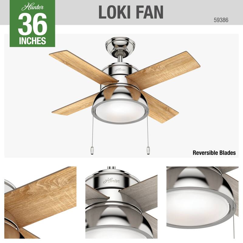 Hunter 36" Loki Ceiling Fan with LED Light - Bedrooms, Home Office, Laundry - Rustic, Farmhouse