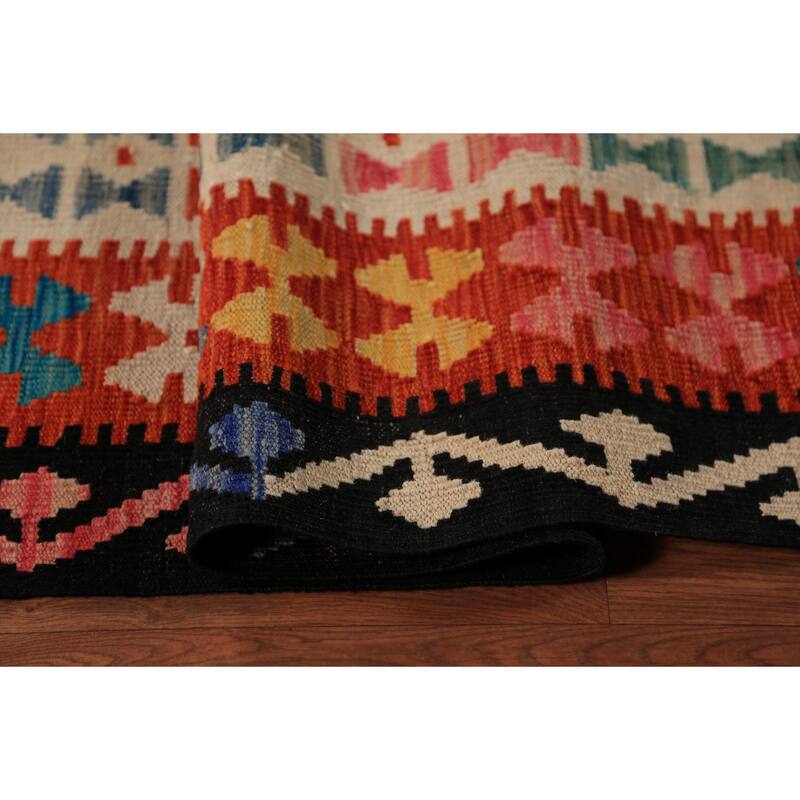 Geometric Trellis Kilim Area Rug Handmade Wool Carpet - 8'8"x 11'4"