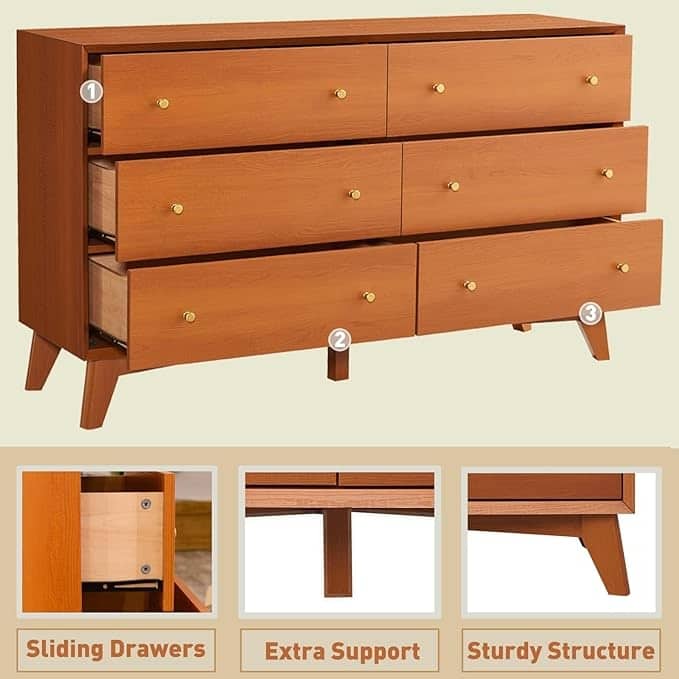Mid Century Modern 6 Drawer Wood Dresser, Chest of Drawers, TV Stand