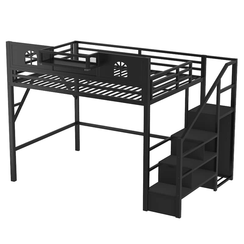 Full / Queen Size Loft Bed with Stairs, House Shaped Guardrails, and Wardrobe Storage