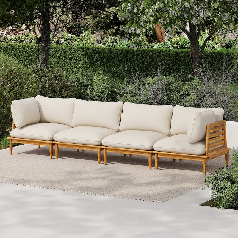 Scott Living Sacova Outdoor Acacia Wood 4-Seater Sofa, Teak Finish Frame with Beige Cushion