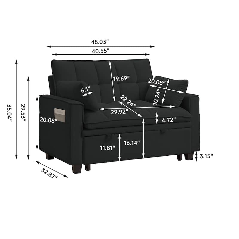 48.03" Pin Striped Fabric 3 in 1 Convertible 2 Seater Sleeper Sofa Bed