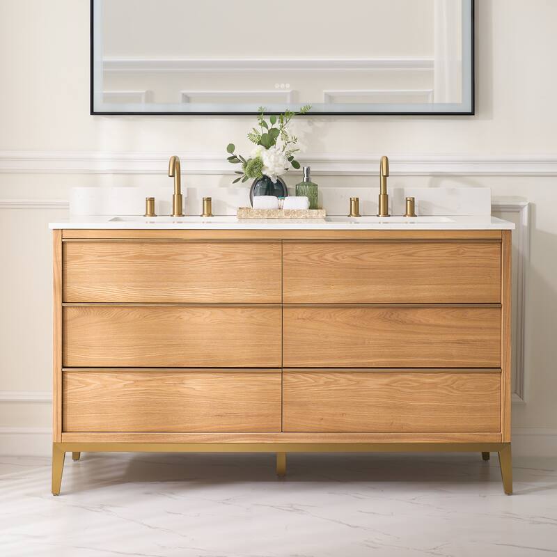 36"/48"/60" W Width Solid Wood Bathroom Vanity with Stain-resistant Carrera White Quartz Top and Sink
