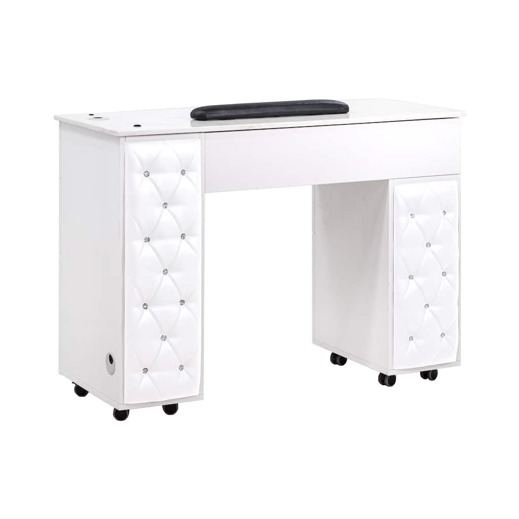 Drexel Manicure Table Nail Station Marble Top Desk, White Tufted Cushion - N/A