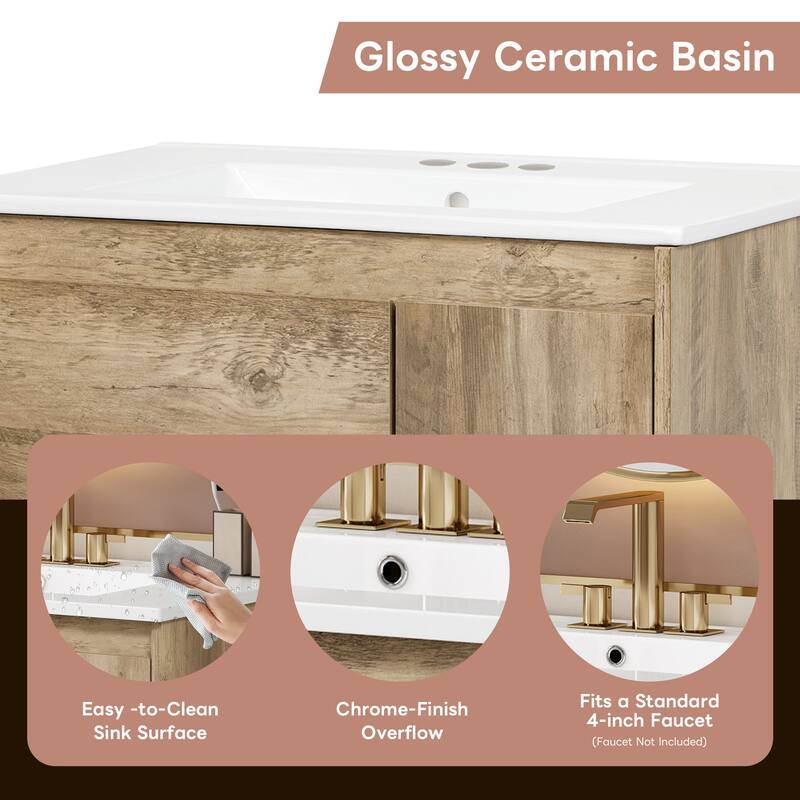 30" Bathroom Vanity with Ceramic Basin Sink, Freestanding Bathroom Storage Cabinet with Sliding Drawer, Doors and Open Shelf