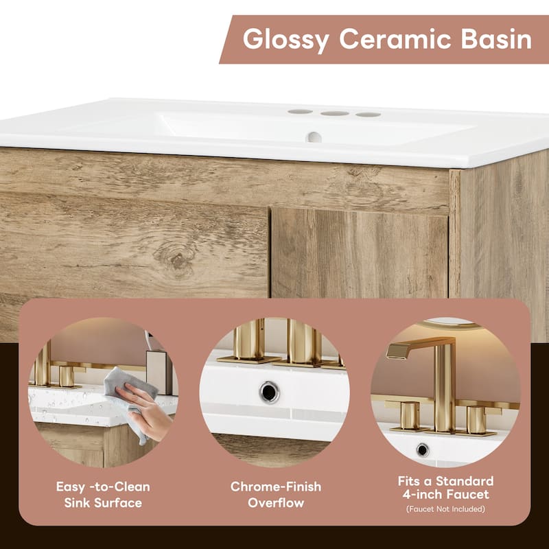 30-Inch Contemporary Wooden Bathroom Vanity with Sliding Drawer, Ceramic Sink Top, Storage Cabinet, Doors, and Open Shelf‌