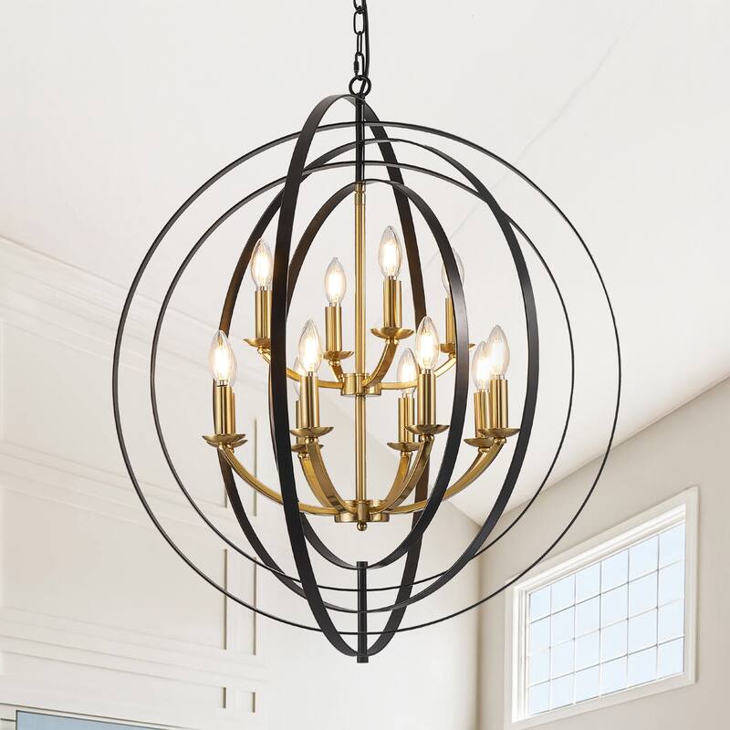 12 - Light Dimmable Candle Style Globe Tiered Chandelier - Black&Gold