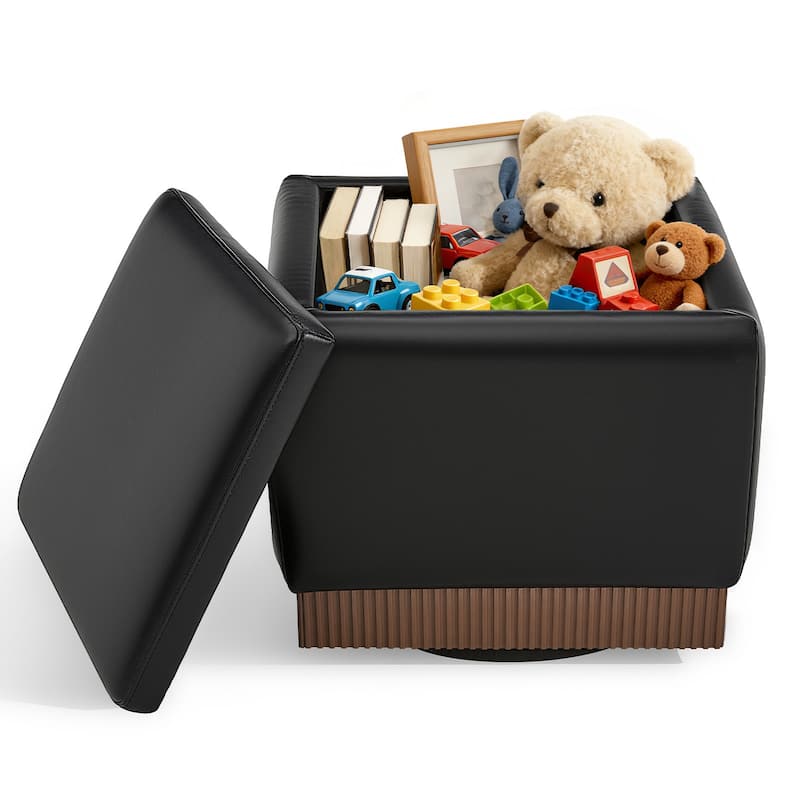 Swivel Storage Ottoman Bench Footstool with Flip-top and Acacia Frame