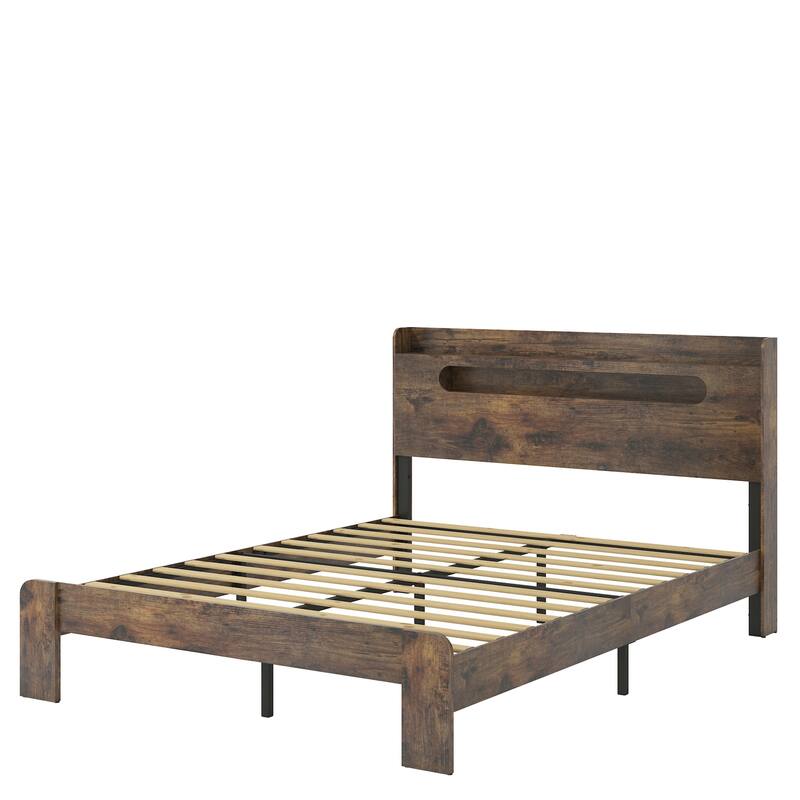 Roomfitters Bed Frame with Wood Platform, Storage Headboard, USB Ports, Easy Assembly, Under Bed Storage, Dark Brown