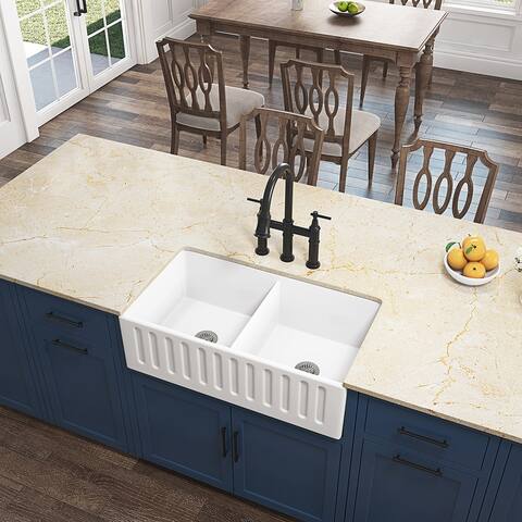 Farmhouse Ceramic Kitchen Sink, Reversible Double Bowl Farmhouse Sink
