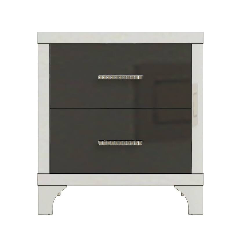 Elegant High-Gloss Mirrored 2-Drawer Nightstand - Metal Handle Bedside Table for Bedroom/Living Room (Black) - Black