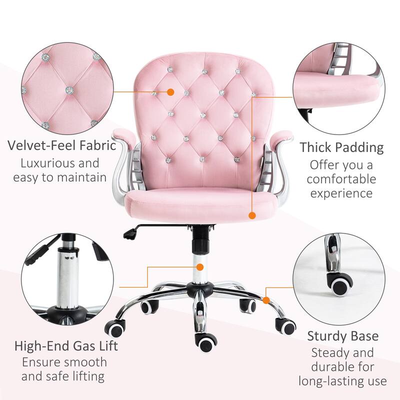 Vinsetto Velvet Home Office Chair, Button Tufted Desk Chair with Padded Armrests, Adjustable Height and Swivel Wheels, Pink