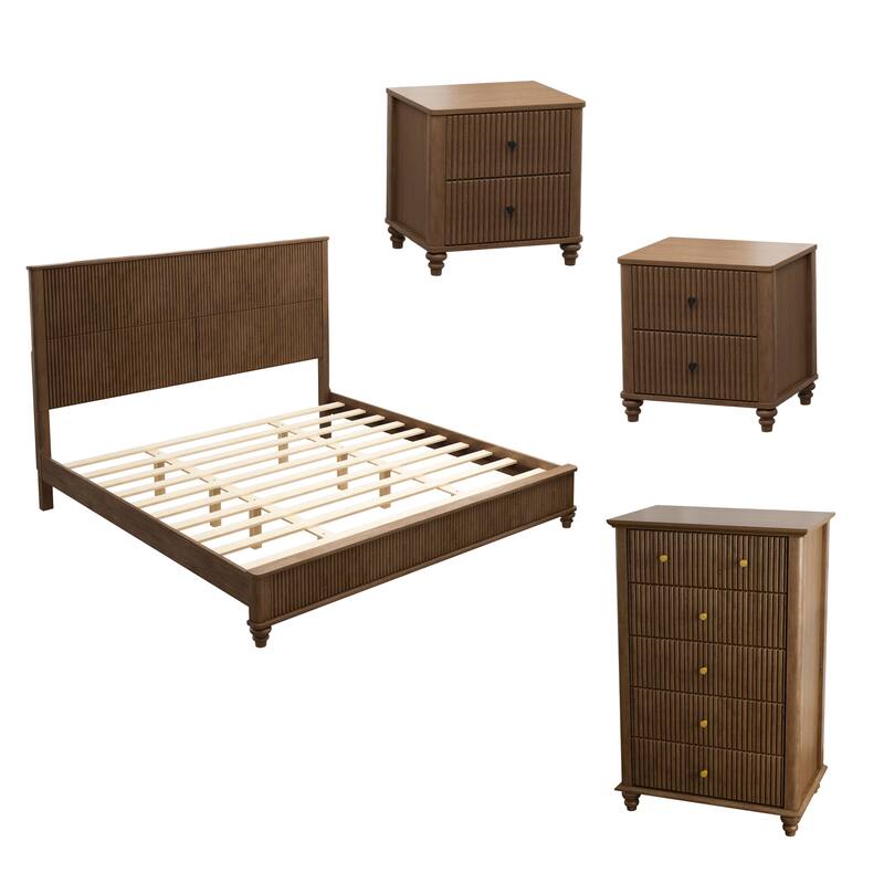 Bedroom Set with Wooden Platform Bed and Nightstands