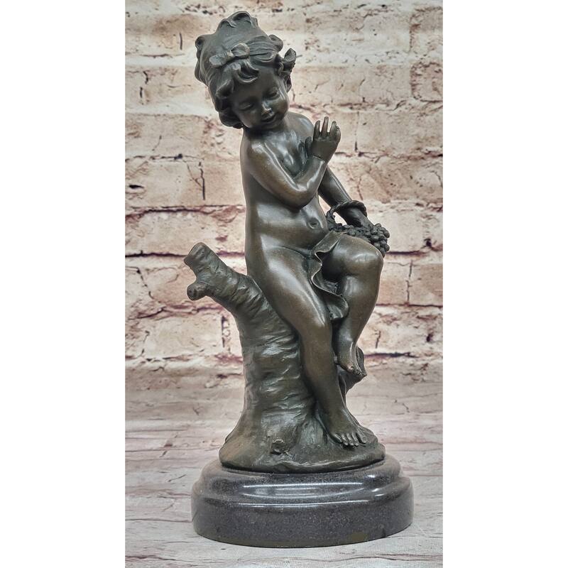 Small Child Girl Toddler Holding Basket Of Grapes - Clical Bronze Sculpture By Moreau