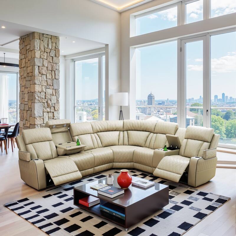 3-Piece Beige Breathing Leather Living Room Recliner Sofa set