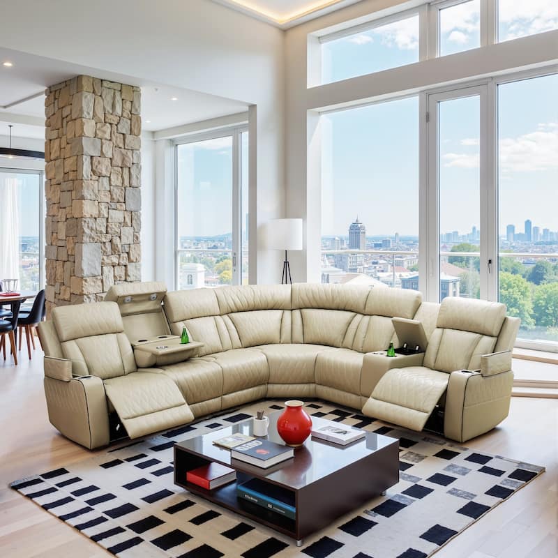 Beige 3-Piece Breathing Leather Living Room Recliner Sofa set