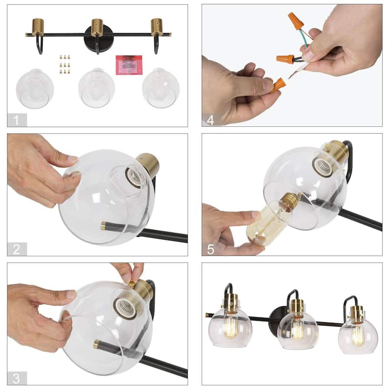 3-Light Black Gold Bathroom Vanity Lights Modern Wall Lighting with Globe Glass - 23" L x 8" W x 8" H