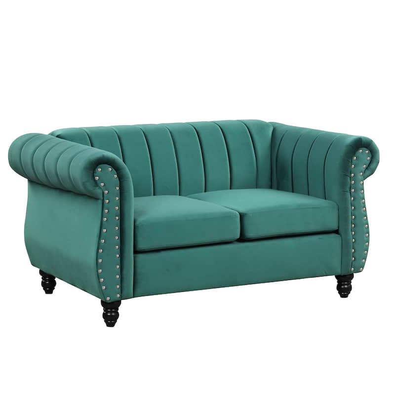 Frosted Velvet Sectiona Sofa, Deep Seat Straight Row w/ Nailheads Arms ...