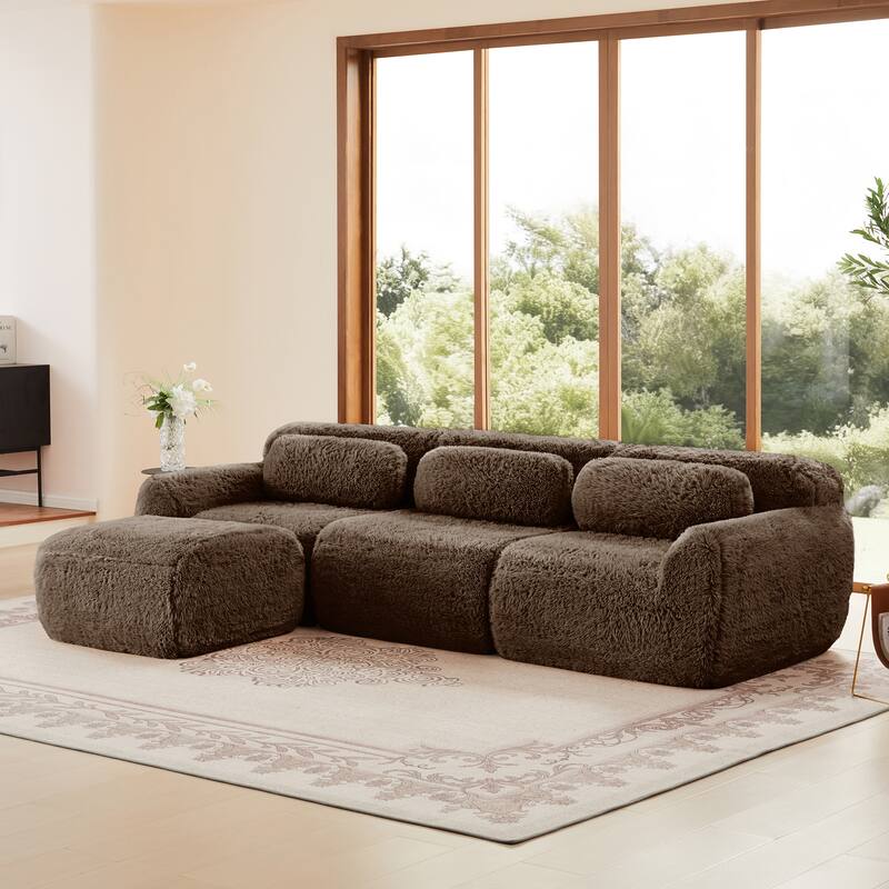 Anmytek Modern L-Shaped Boneless Sofa - Soft Fluffy Plush 32D High Density Sponge with Throw Pillows Movable Ottoman