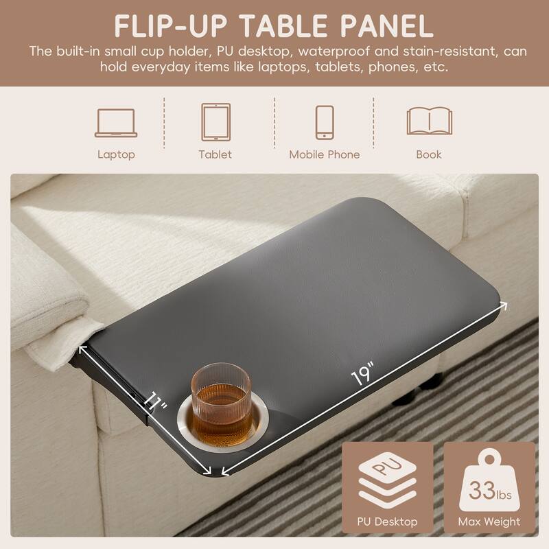 Tufted Chenille Sectional Sofa with Pull-out Bed, Flip-up Table Panel, Reading Lamp, Charging Ports, Storage Ottoman, 6 Pillows