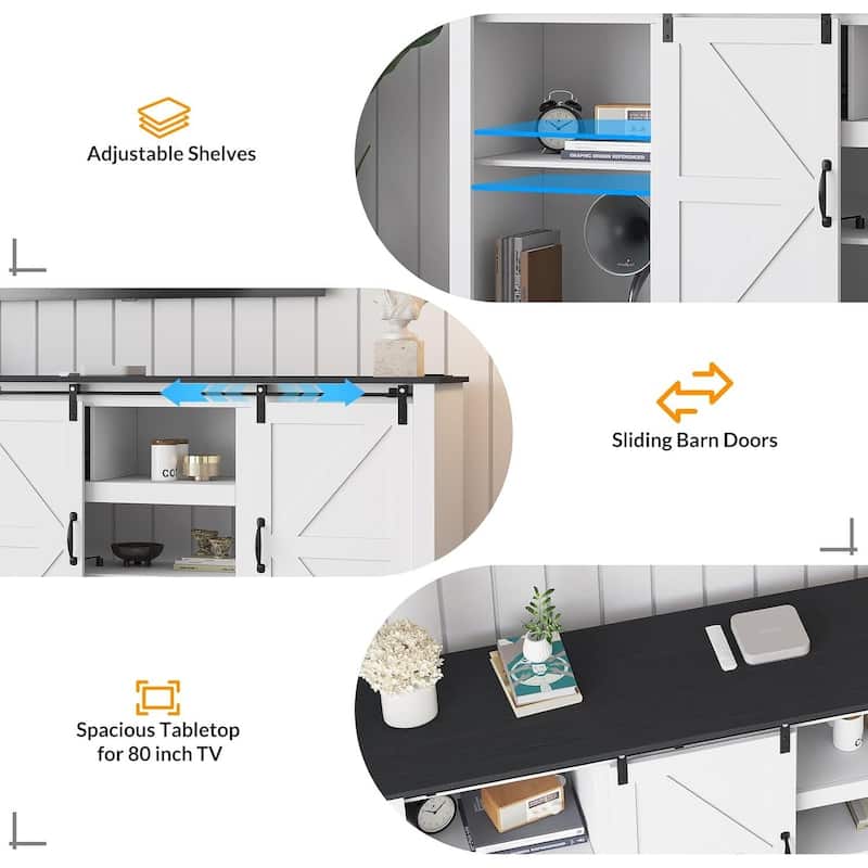 Farmhouse TV Stands, with Adjustable Shelves & Sliding Barn Door