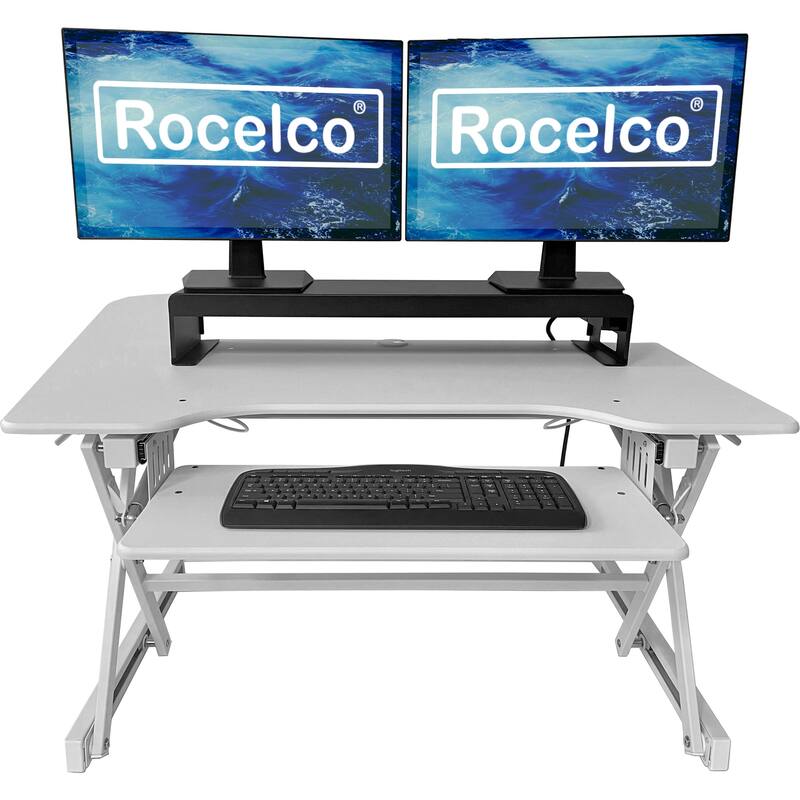 Rocelco 40 in. W White Height Adjustable Standing Desk Converter with Dual Monitor Stand and Deep Keyboard Tray