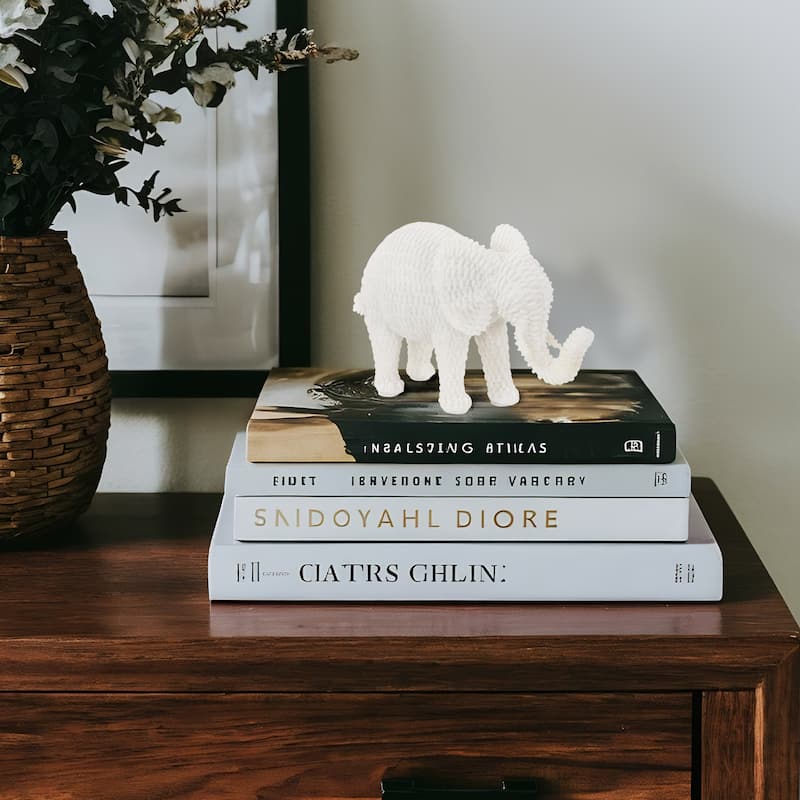 Allan Andrews White Resin Elephant Sculpture with Textured Rattan Pattern - 5.5"H x 8"D x 3"W