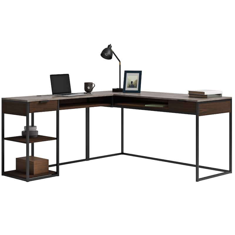 Wood L-Shaped Desk with Five-Shelf Bookcase, Brown