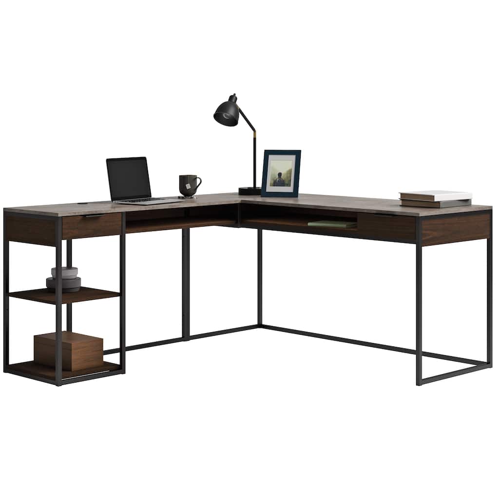 Wood L-Shaped Desk with Five-Shelf Bookcase, Brown