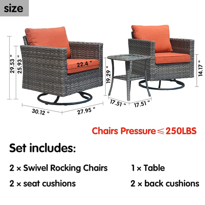 OVIOS 3-piece Patio Wicker Swivel Rocking Chairs Set