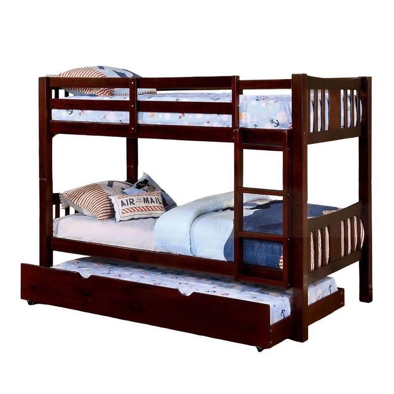 Twin Over Twin Transitional Bunk Bed with Attached Ladder, Dark Walnut Finish