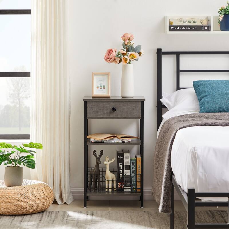 27.5" Tall Nightstand with 1-Drawer and Open Storage Shelf, Metal Frame and Fence Sofa End Table (Set of 2)