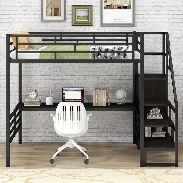 Black Full Metal Loft Bed with Wardrobe and Desk On Sale Bed Bath