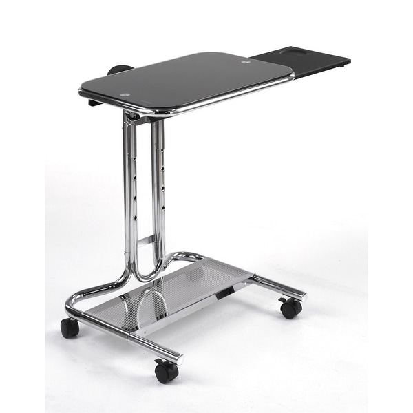 Mobile Laptop Computer Desk Cart with Black Glass Top. Opens flyout.