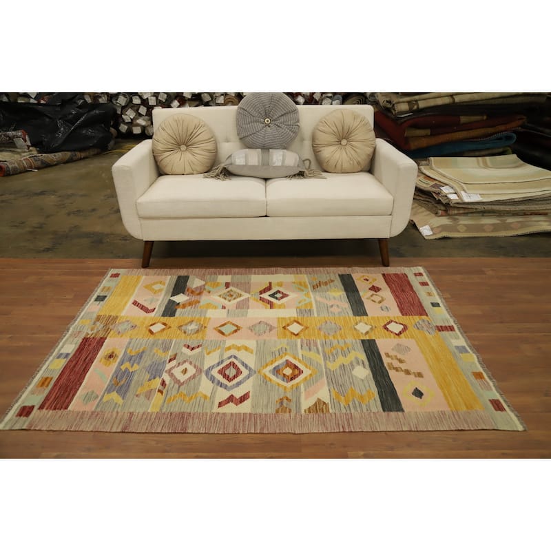 Hand Woven Oriental 100% Wool Carpet Southwestern Tribal Multi-Colored Kilim Area Rug - 5' 11'' X 4' 1''
