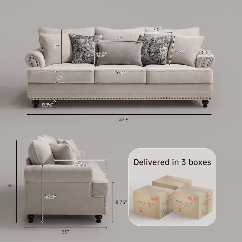Morden Fort Chenille Fabric Sofa with Rolled Arm and Nailhead Trim