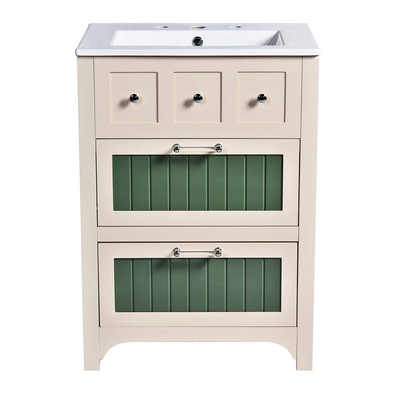 24" Bathroom Vanity Cabinet Set with 2 Drawers - Beige/Green