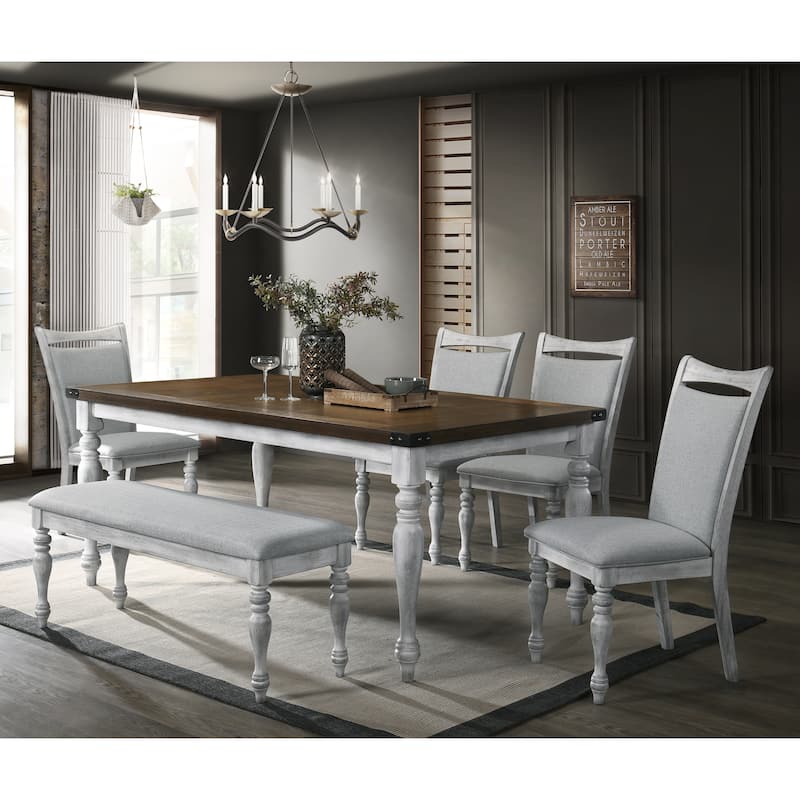 Roundhill Furniture Salines 6 Piece Dining Table Set with 4 Upholstered Chairs and 1 Bench, White