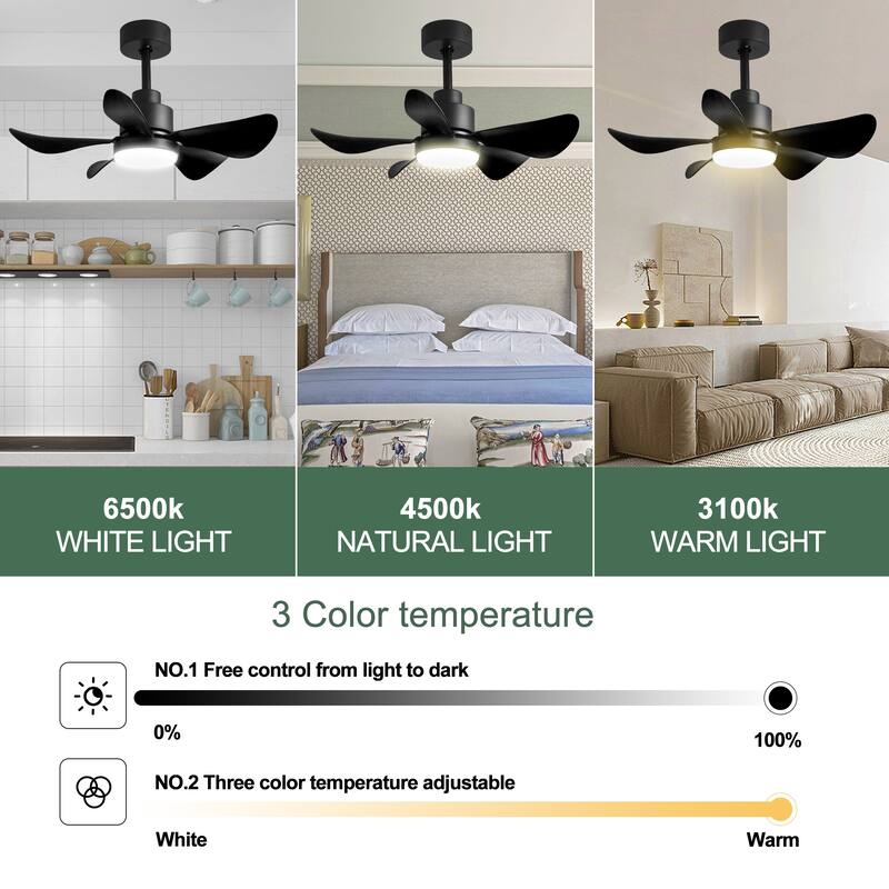 28 Inch Small Ceiling Fan with Lights Remote, 5 Blade Propeller Smart Ceiling Fan, 6 Speeds 3 Colors for Bedroom Kitchen