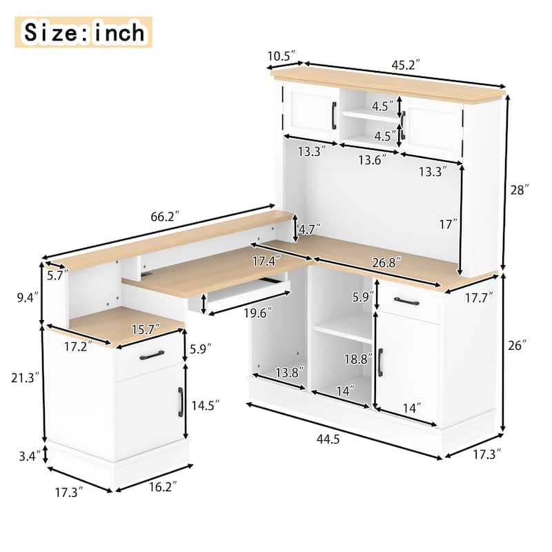 Roomfitters L-Shaped Computer Desk with Power Outlets, Corner Workstation with Hutch and Drawers