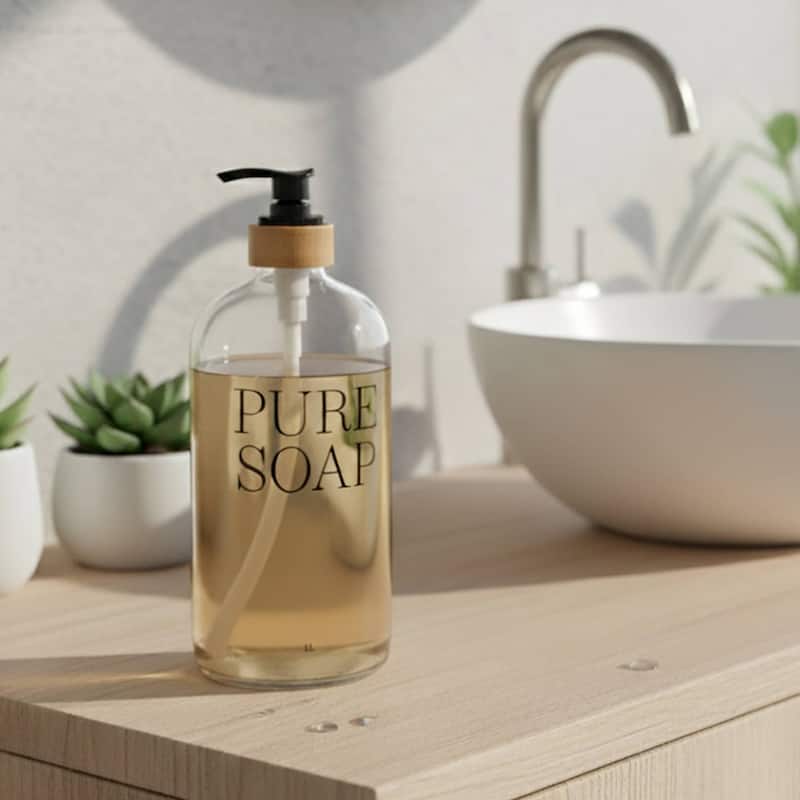 Glass and Bamboo Soap Dispenser PURE SOAP 17 or 34 FL OZ - Clear - 34 FL OZ