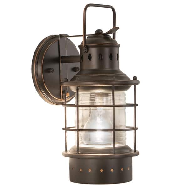 slide 2 of 8, VAXCEL Hyannis 1-Light Coastal Outdoor Wall Sconce made of Durable Steel, Clear Ribbed Glass Shade, LED Compatible 5.5-in W x 12.25-in H x 6.75-in D - Burnished Bronze