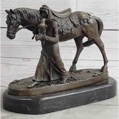 Original Aldo Vitaleh Arab Man Holding Falcon Walking His Horse Bronze Sculpture
